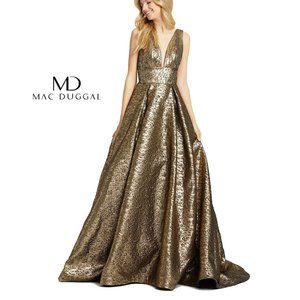 Mac Duggal Metallic Deep V Gold Gown 66217D Size 10